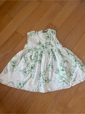 Girls White Dress with Green Floral Embroidery